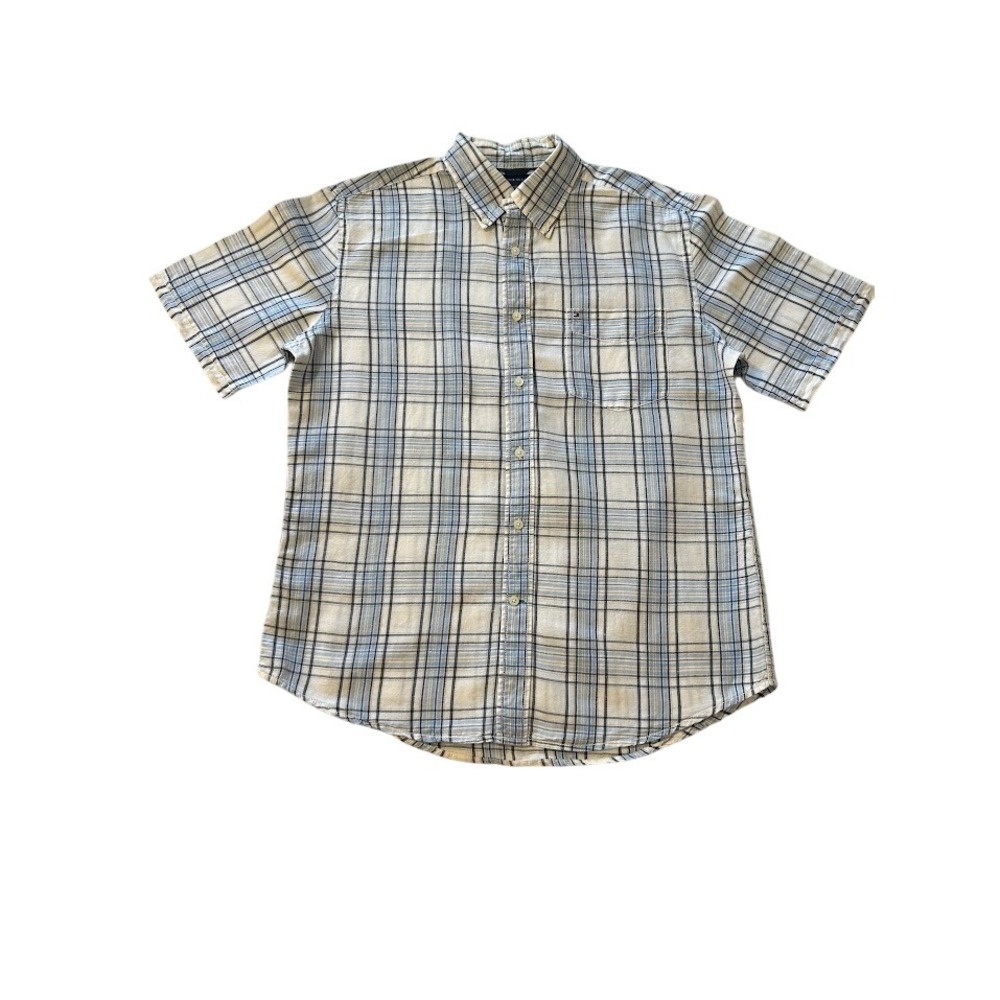 Tommy Hilfiger Mens Plaid Linen Cotton L Short Sleeve Button Down Shirt
